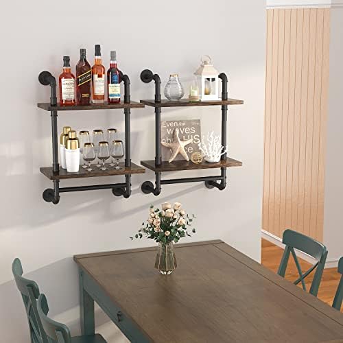 Helsin 2 Tier Industrial Pipe Floating Bathroom Shelves Wall Mounted with Towel Bar, Rustic Wood Wall Shelf, 16 Inch Metal Towel Rack Storage Bookshelf for Bathroom, Kitchen, Farmhouse, Living Room