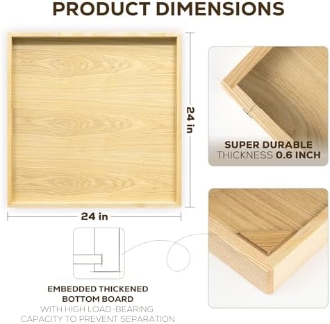 Axeman 24 Inch Large Square Wooden Ottoman Tray for Living Room|Extra Large Serving Tray with Handles for Coffee Table, Breakfast|Decorative Wood Tray for Ottoman Couch Sofa Kitchen|Natural