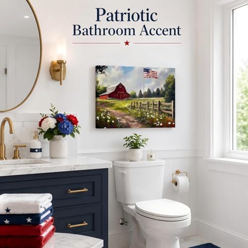 RIBNTAK Farmhouse Red Barn & American Flag Canvas Print, Rustic Wildflower Meadow Patriotic Wall Art, 4th of July Holiday Decoration for Home, Office & Rustic Interiors, Made in USA