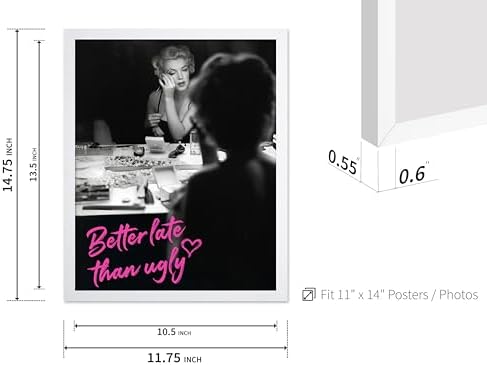 Poster Master Better Late Than Ugly Print - Marilyn Poster - Modern & Pop Art - Trendy Gift for Men, Women & Fashionista - Chic Decor for Bathroom or Girl's Room - 11x14 White Framed