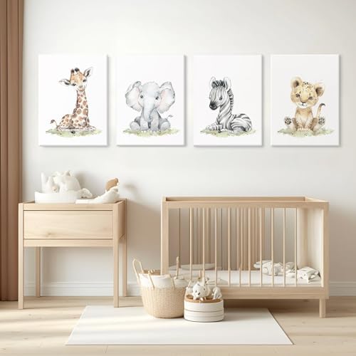 Safari Nursery Wall Art Decor Baby Animal Canvas Wall Art Woodland Nursery Wall Decor Kids Jungle Animal Pictures Safari Giraffe Elephant Tiger Prints for Room Bedroom 12x16x4 Inch Wrapped Canvas