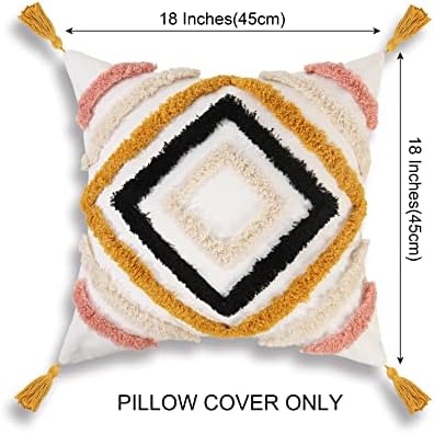JASEN Boho Throw Pillow Covers, Woven Tufted Decorative Pillow Covers with Tassel Diamond Pattern Pillow Covers for Couch Sofa Bedroom Living Room No Pillow Insert, (Yellow, 18 x 18-Inch)