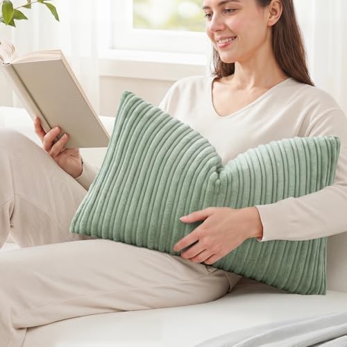 Kevin Textile Striped Corduroy 12”x20” Pillow Cover 1 Pack, Sage Green