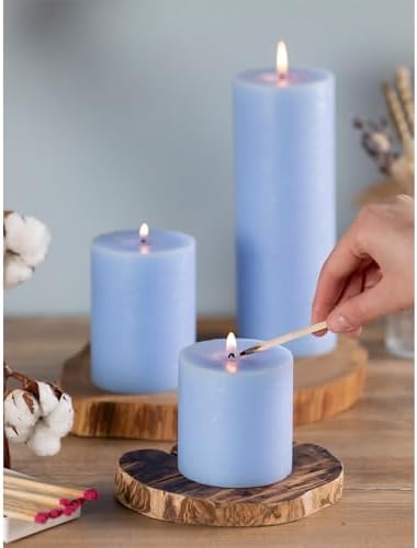 CANDWAX Assorted Pillar Candles Set of 3 – Sizes 3", 4", 8" Unscented Dripless Large Candles, Rustic Finish Long Burning for Weddings, Home Decor – Light Blue