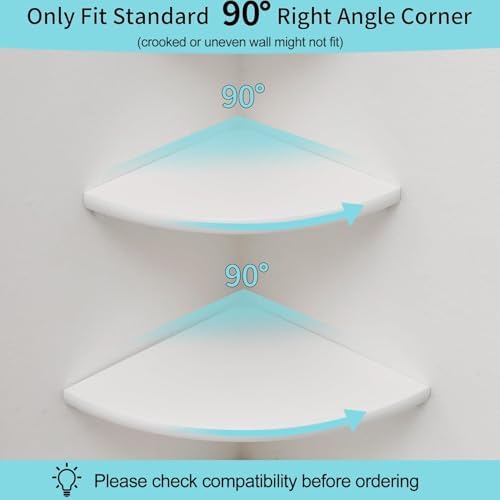 Corner Shelf, Solid Oak Wood Floating Corner Shelf Wall Mount Round End Floating Speaker with Wire Hole for Small Plant Photo for Bedroom Kitchen, Living Room White