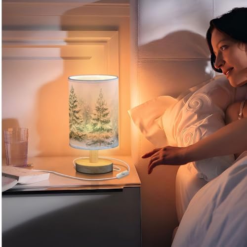 Farmhouse Christmas Trees Snowy Winter Bedside Table Lamps with USB Port for Bedroom Lamp Accent Table Lamp Small Nightstand Lamp Sturdy Linen Shade Wooden Decorative Lamps for Home|Kids|Holiday