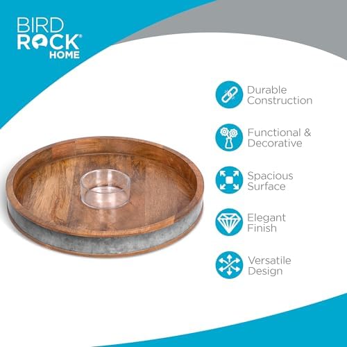 BIRDROCK HOME Wooden & Iron Chip Dip Serving Tray w/Glass Dip Bowl | Extra Large Decorative Kitchen Platter | Salsa, Guacamole, Veggies, Cheese | Decor for Coffee Table, Dining & Living Room - Round