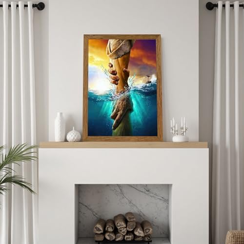 Solid Wood Framed Jesus Christ Canvas Wall Art The Hand of God Jesus Reaching Into Water Christian Painting Prints Biblical Wall Decor Religious Room Decor for Church Prayer Room Schools 24'' x 36''