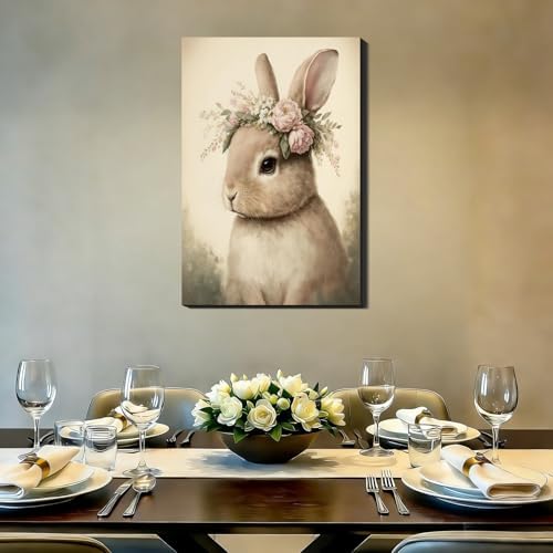 Framed Easter Bunny Rabbit Wall Art 16x24 In, Vintage Wrapped Canvas Poster Prints Wall Decor Rustic Artwork Painting for Bedroom, Living Room,Bathroom Holiday Home Decoration
