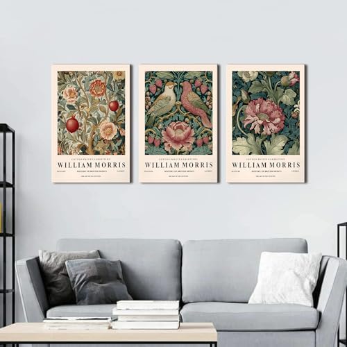 Vintage William Morris Wall Art Natural Peony Flowers Canvas Painting for Living Room Abstract Bird Wildflower Paintings Picture Wall Decor Colorful Floral Poster Prints for Bedroom Decor 16x24 3Pcs