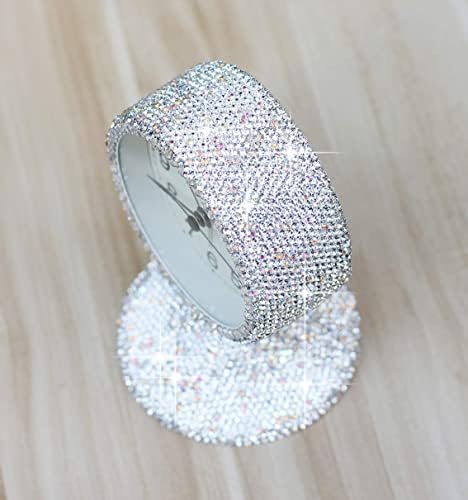 Luxury Rhinestone Small Alarm Desk Table Clock Morning Call Handmade Fashion Design for Bedroom Houseroom Living Room Cute As Gift AR (Silver)