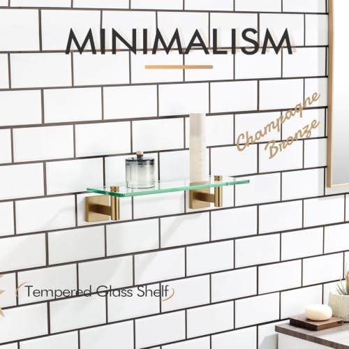KOKOSIRI Wall Shelves Bathroom Hardware Glass Floating Shelf Small Hanging Rack Storage/Room Decor 12-Inch Champagne Bronze 2 Pack B1105CPG-L12-P2