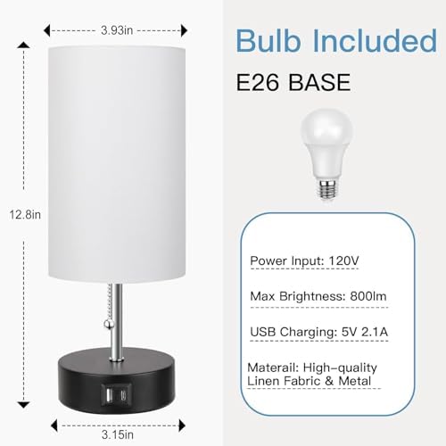 ROTTOGOON 3-Color Temperature Bedside Lamp Nightstand Lamp with USB A Port and C Port, Table Lamp for Bedroom with LED Bulb Small Lamps for Living Room (White)