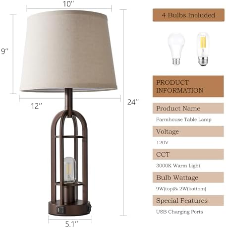 SRJJA Table Lamps for Living Room End Table Set of 2 - Farmhouse Industrial Bedside Lamps for Bedroom Nightstand with Nightlight and USB A+C, 4 Bulbs Included