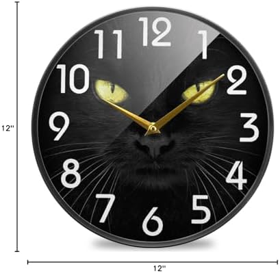 Naanle Black Cat Looking Camera Round Wall Clock, 12 Inch Silent Battery Operated Quartz Analog Quiet Desk Clock for Home,Office,School
