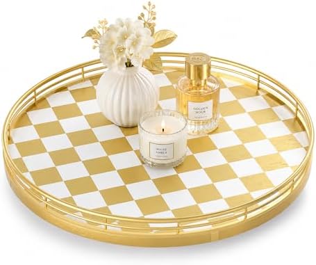 AMH 12-Inch Gold and White Checkerboard Lazy Susan with Metal Rail