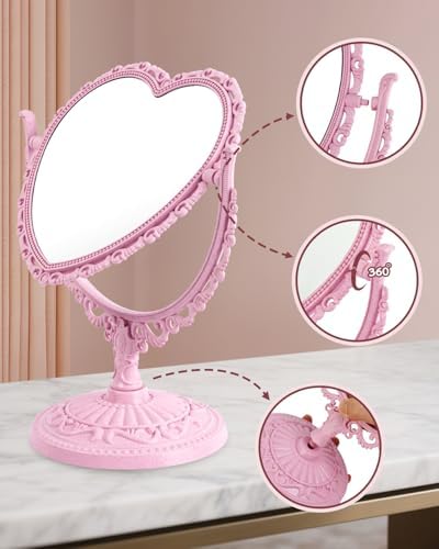 Heart Shaped Cute Vanity Princess Mirror for Desk,Double-Sided Rotatable Table with Stand Downtown Girl Room Coquette Decor (Pink)