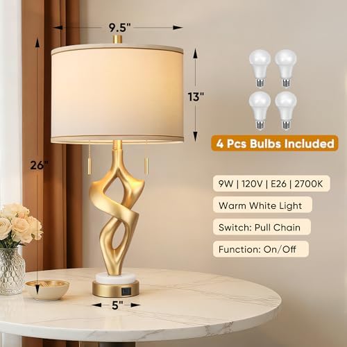 ROTTOGOON Gold Table Lamps for Living Room Set of 2, Modern Nightstand Lamps with Marble Base & Charging Ports, Rustic Resin Table Lamp for Bedrooms with Pull Chains Switch, 4 x Bulbs Included, 26"
