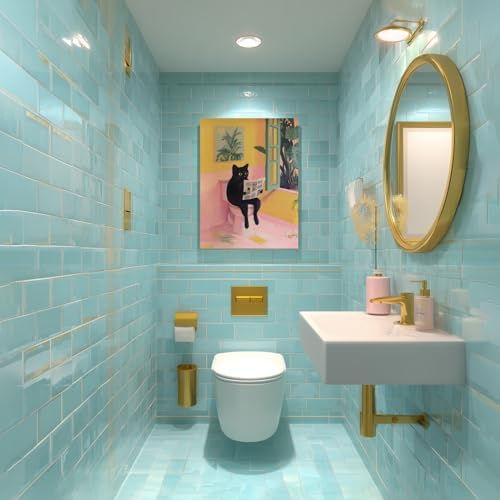Cyebmo Funny Bathroom Wall Art, Cute Black Cat Sitting on Toilet Reading Newspaper Wall Decor, Whimsical Pink Abstract Animal Wrapped Canvas Artwork for Bathroom Kid's Restroom Bedroom 12x16 Inch