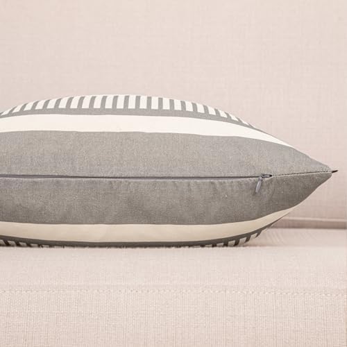 2 Pack 18x18 Inch Pillow Covers - Brown Faux Leather & Gray Stripe Print Soft Cotton Splicing, Same Pattern Both Sides | for Sofa Couch Bed Living Room, Farmhouse Industrial Minimalist Decor
