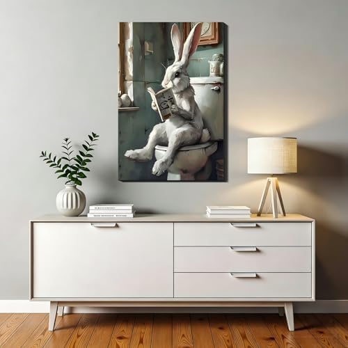 Oversize Whimsical Easter Bunny Reading on Toilet Canvas Art, Unique Framed Rabbit Wall Decor for Bathroom, Retro Easter Paintings Prints for Home Wall Decoration, 24x36 In