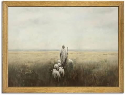 Wood Framed Jesus Wall Art, Christian Canvas Wall Decor, Jesus Leaves the 99 Sheep Poster Print Picture, Lost Lamb Religious Artwork Oil Painting for Living Prayer Room Bedroom 24x36 inch