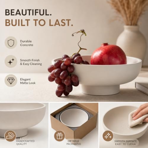 12" Concrete Fruit bowl for Kitchen Counter, Coffee Table Decor, Decorative Key Bowl, Home Décor Accents, Kitchen Counter Decor Grey