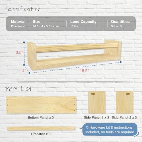 Harwaya Floating Nursery Book Shelves for Wall, Natural Wood Wall Bookshelf for Kids Room Bedroom, Small Wooden Hanging Baby Book Shelf and Toy Organizer for Nursery Girl Boy Toddler Child - Set of 3