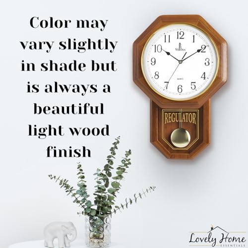 Pendulum Wall Clock Battery Operated, Real Wood Regulator Clock, Quiet