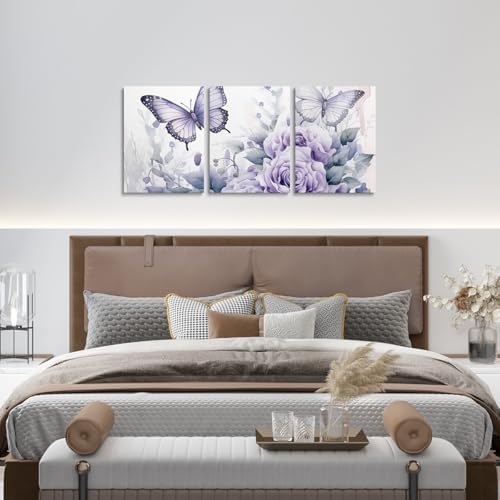 Feelyou Light Purple Rose 3 Piece Canvas Wall Art for Living Room Bedroom Butterfly Wall Art for Home Decor Floral Flower Office Wall Decor Romantic Theme Wall Painting