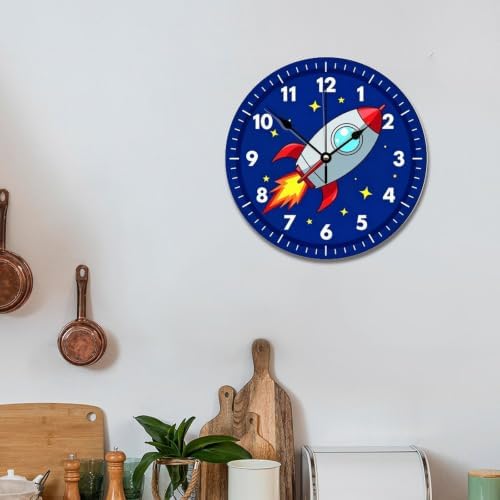 ArogGeld Kids Room Wall Clock Colourful Rocket Ship Outer Space Wood Clock