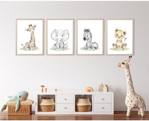 Safari Nursery Wall Art Decor Baby Animal Canvas Wall Art Woodland Nursery Wall Decor Kids Jungle Animal Pictures Safari Giraffe Elephant Tiger Prints for Room Bedroom Set of 4 12x16 Inch Wood Framed