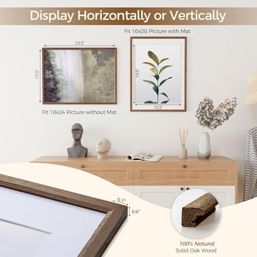 Fun Memories 18x24 Poster Frame, Solid Oak Wood Poster Frames, Modern Photo Frame for Wall 18x24 with 16x20 Mat, High Definition Plexiglass & Wall Hook Included (Walnut, 2 Pack)
