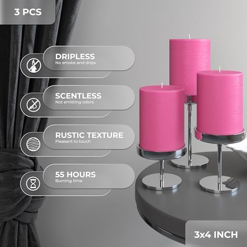CANDWAX 3x4 Pink Pillar Candles Set of 3 - Long Burning Unscented Smokeless Dripless Pillar Candles - Pink Candle Set for Wedding, Special Occasions and Ordinary Dinners - Spring Candle Pillars