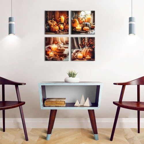 Fall Wall Decor Pumpkin Wall Art for Kitchen Dining Room Halloween Decorations Rustic Farmhouse Candle Canvas Prints Pictures Autumn Harvest Theme Poster Festival Party Home Decorations 16x16" 4Pcs
