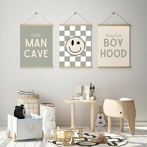 Long Live Boyhood Wall Art Nursery Baby Boys Canvas Wall Art Decor Preppy Retro Poster Prints Kids Little Man Cave Pictures Sage Green Artwork for Room Bedroom Set of 3 16x24 Inch Unframed
