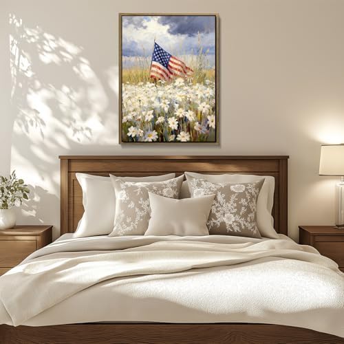 American Flag Framed Canvas Wall Art, 4th of July Patriotic Canvas Prints | Wildflower Landscape Poster Print, Vintage Rustic Independence Day Wall Decor for Bedroom Living Room Office 24×32in