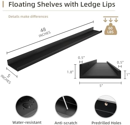 Acovy Picture Ledge Shelf, Wood Long Floating, Set of 2, 48 inch, Black