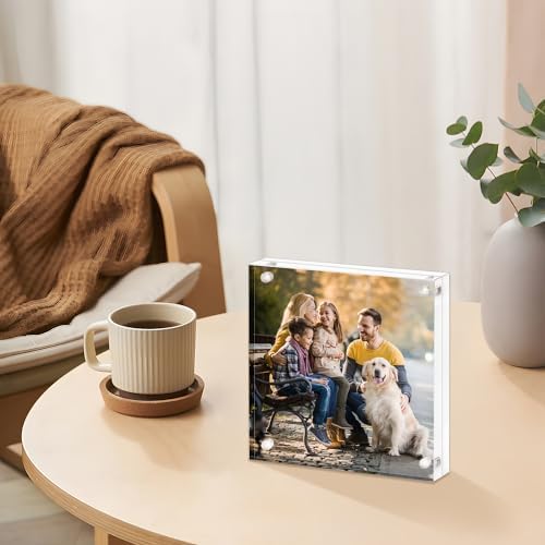AMEITECH Acrylic Picture Frame 8x8-5 Pack, Clear Double Sided Frameless Photo Frame with Magnetic, Free Standing Desktop Acrylic Frame Display, Lucite Frame with Gift Box Package, 12+12mm Thickness