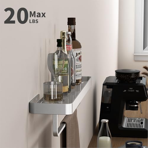 Danpoo 20 Inch Long Floating Bathroom Shelf with Towel Bar, Clear Tempered Glass Wall Shelf for Bathroom Storage Organizer, Matte Silver