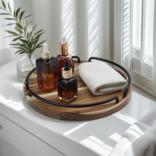 Round Wooden Serving Tray - Rustic Style Decorative Tray for Coffee Table, Living Room, Vanity - Acacia Wood Tray with Handles - Housewarming Gift - 12 Inches (Diameter)