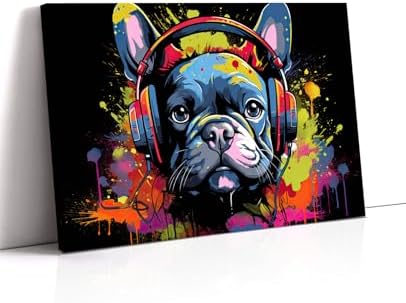 French Bulldog Wall Art Dog Wall Decor Black Poster Canvas Prints Graffiti Bulldog Wear Headphone Paintings for Living Room Bedroom Bathroom Home Office Decor Framed(Gog-4,12.00"x18.00")