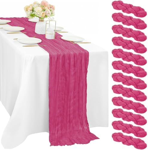 12 Pieces Hot Pink Cheesecloth Table Runners 10FT Gauze Fabric Runner for Tables Boho Table Runner Decoration Rustic Sheer Runner for Wedding Birthday Baby Bridal Shower Party (35 x 120 Inches Long)