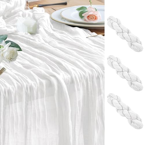 Wokceer Cheesecloth Table Runner Ivory 10FT Boho Gauze Runner, 3 Pack