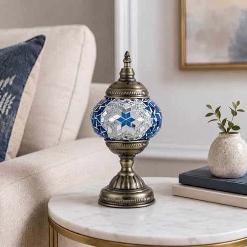 GOGERS Turkish Moroccan Table Lamp Lantern with Handmade Mosaic Glass Lampshade Tiffany Style Bohemian Stained Glass Decorative Desk Lamps Bedside Night Lights for Bedroom (Blue White)
