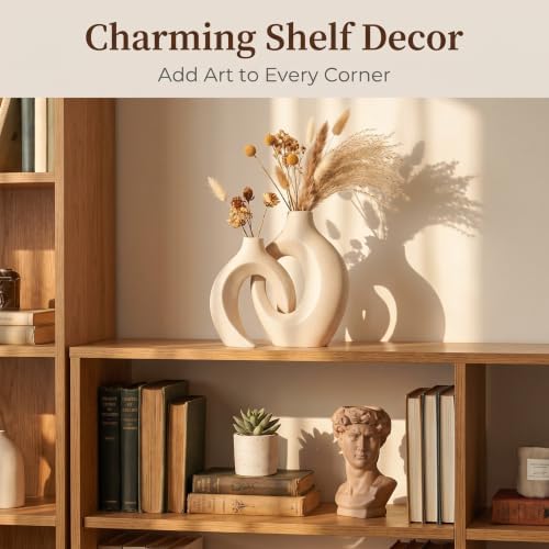 Aesthetic Cream White Ceramic Vase Set of 2, Snuggle Hollow Flower Vase Home Decor Living Room, Nordic Modern Boho ins Style Decorative Flower Vase for Coffee/Dining Table Decor (W 6.3" X H 8.4")
