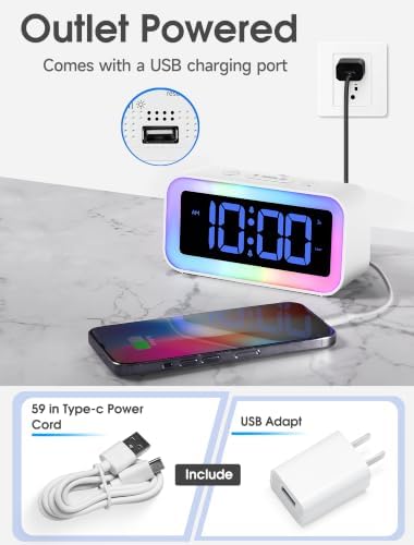 Cadmos Loud Alarm Clock for Bedrooms with Dynamic RGB Night Light,Heavy Sleepers Adults,Dual Alarm,Dimmer,USB Charger,Small Bedside Digital Clock with LED Display for Kids,Teens,Seniors (White)