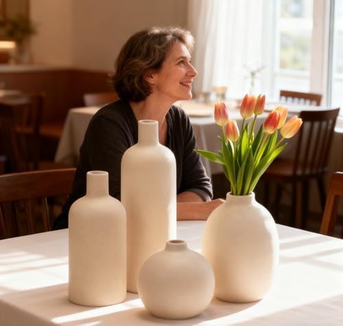 Ceramic Vase Set of 4, Classic Beige White Matte Vases Home Decorations for Table Shelf Office Centerpieces Decor