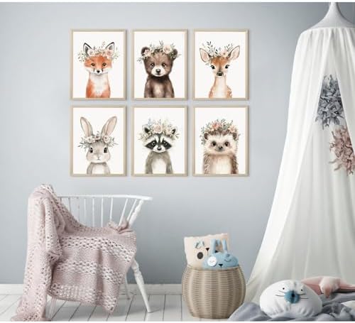 Woodland Animal Nursery Wall Art Decor Baby Girl Room Pictures Floral Crown Animal Canvas Wall Art Decor Safari Bear Fox Poster Floral Nursery Prints Artwork for Kids Bedroom 12x16x6 Inch Wood Framed