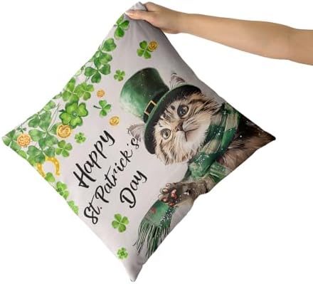 Giwawa Patrick Cat Throw Pillow Covers Set of 2, 20x20in Happy St Patrick's Day Kitten Decorative Square Pillow Cases, Clover Shamrock Soft Cotton Cushion Covers for Sofa Couch Bedding Decor